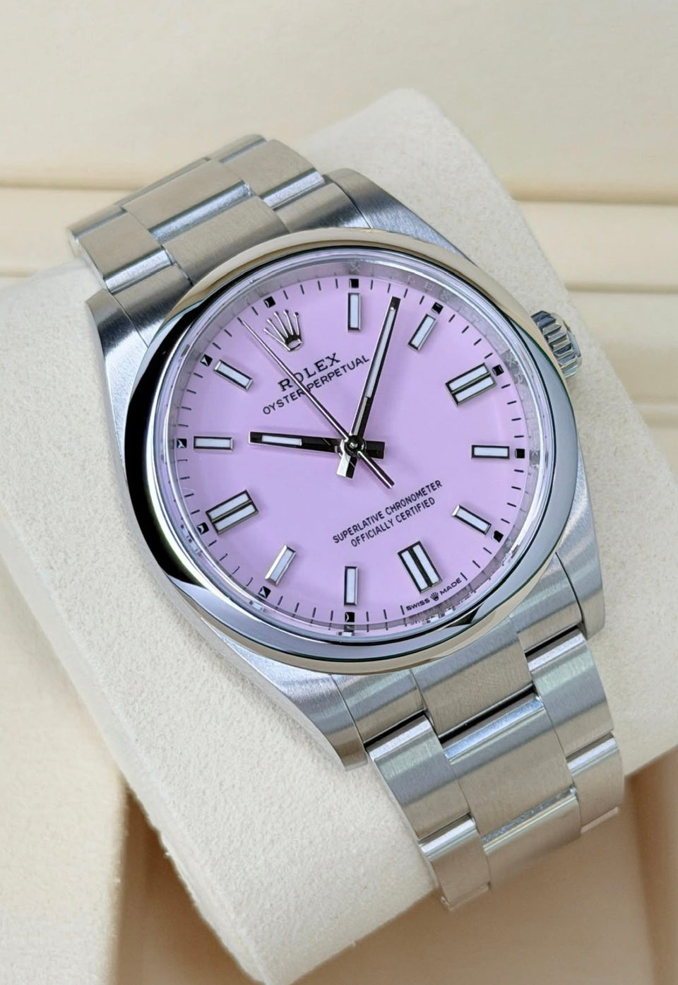 Rolex Oyster Perpetual 36 126000 candy pink dial, angled front view