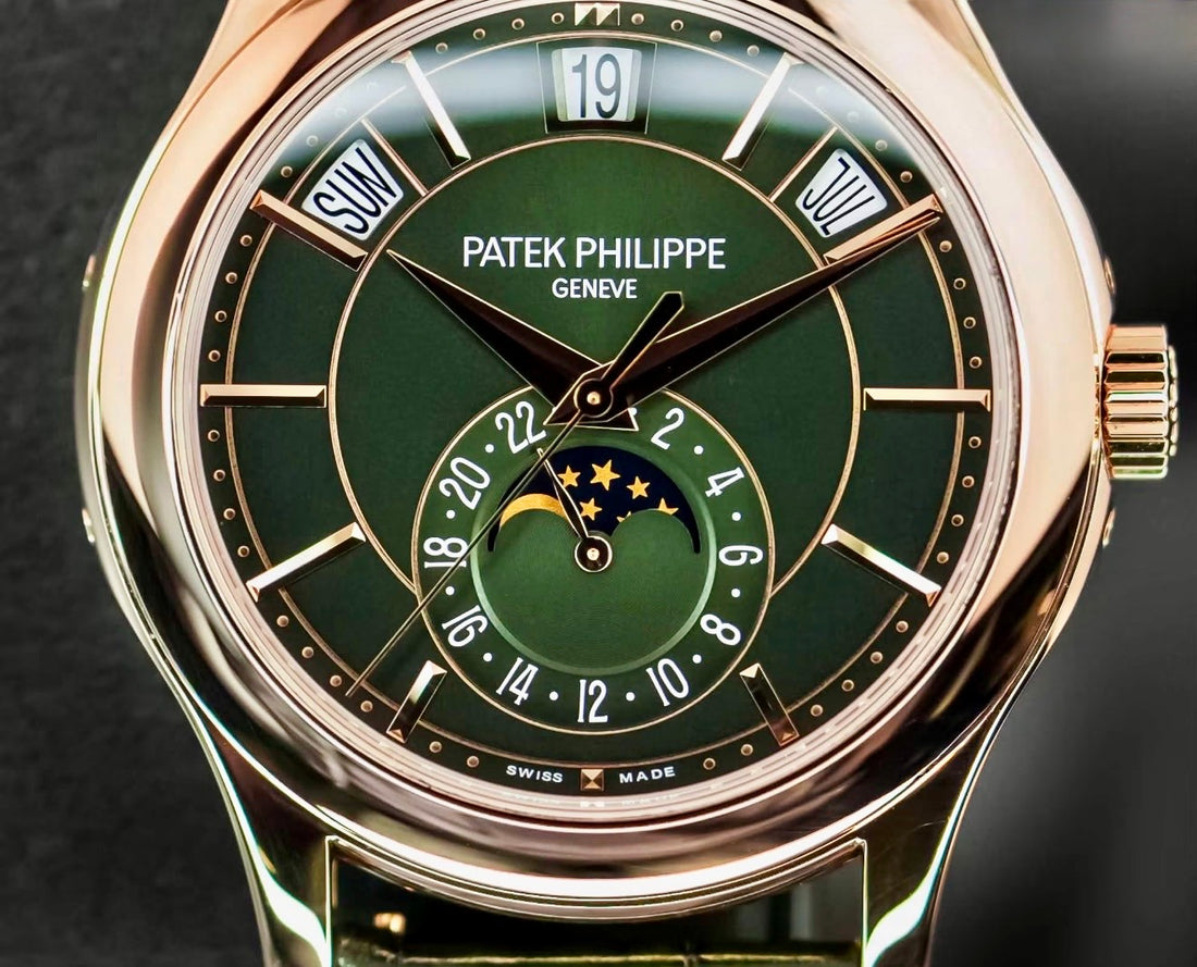 Patek Philippe Annual Calendar 5205R-011 in rose gold with olive-green dial and green alligator strap, tight straight-on dial view