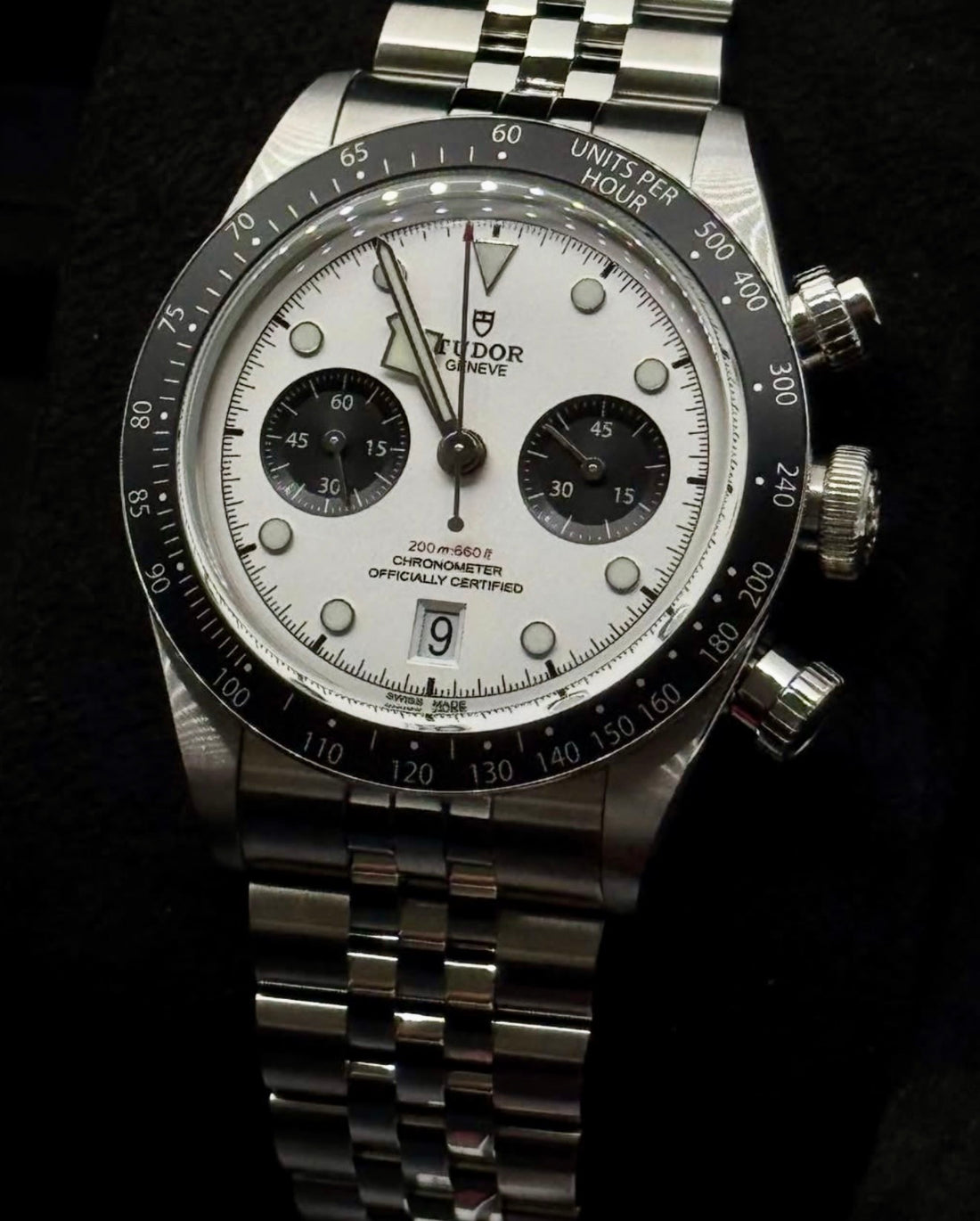 Tudor Black Bay Chrono Panda M79360N-0014 full front view on five-link steel bracelet