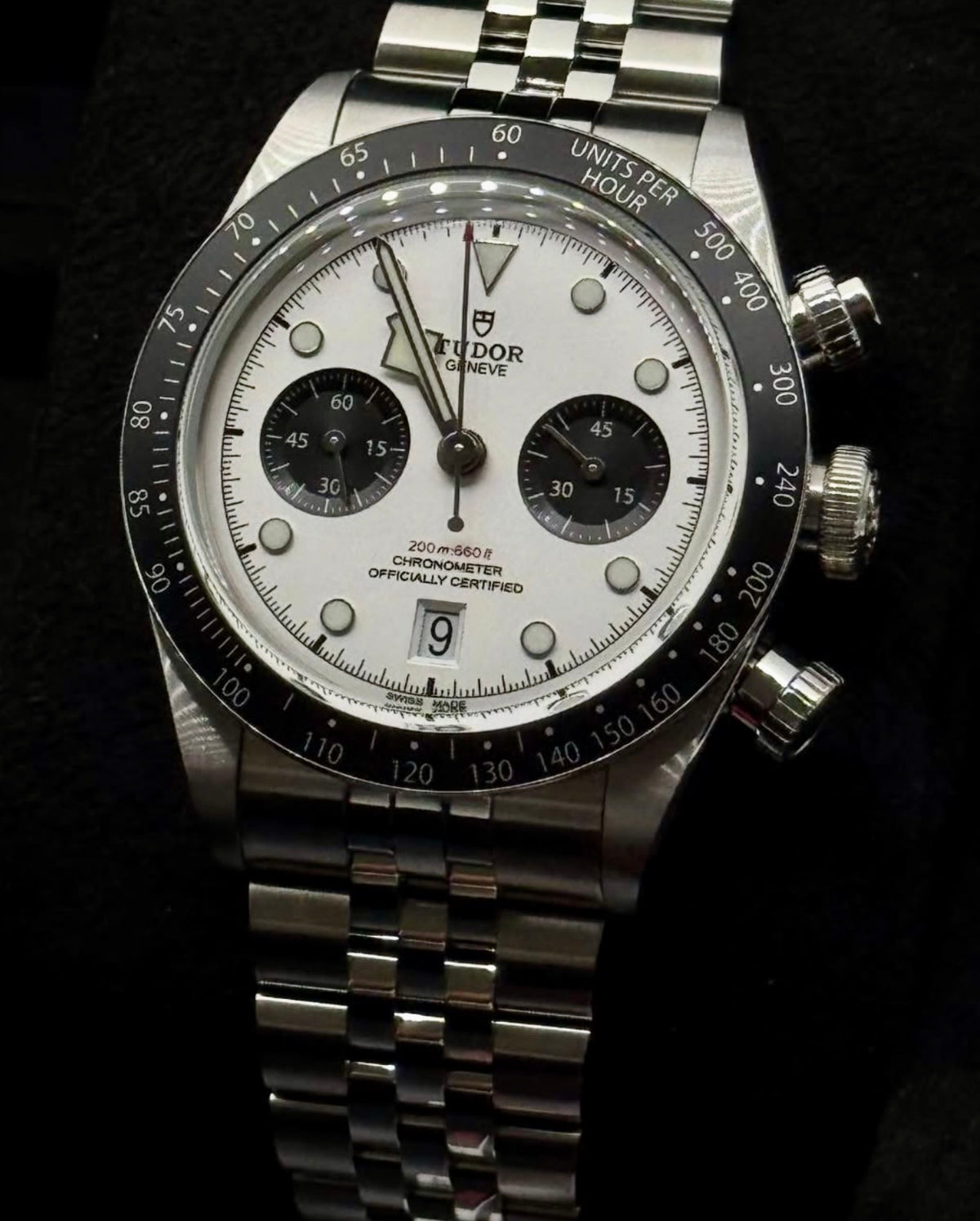 Tudor Black Bay Chrono Panda M79360N-0014 full front view on five-link steel bracelet