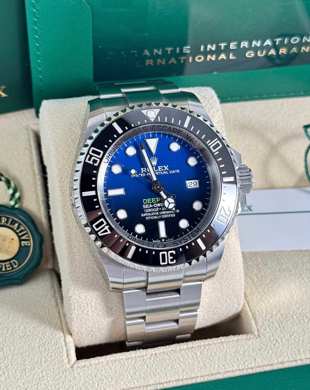 Rolex Deepsea reference 136660 “James Cameron” gradient blue-to-black dial and black Cerachrom bezel, straight-on front view in open box