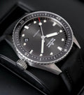 Blancpain watch 5000-1110-B52A — case and bezel viewed from the side on black fabric strap