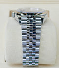 View from the twelve o'clock end of the Rolex Datejust 36 126234, showing the Jubilee bracelet, case lugs and fluted bezel.