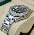 Rolex Yacht-Master 40 ref. 126622 with slate dial, platinum bezel and Oyster bracelet, low right-angled front view