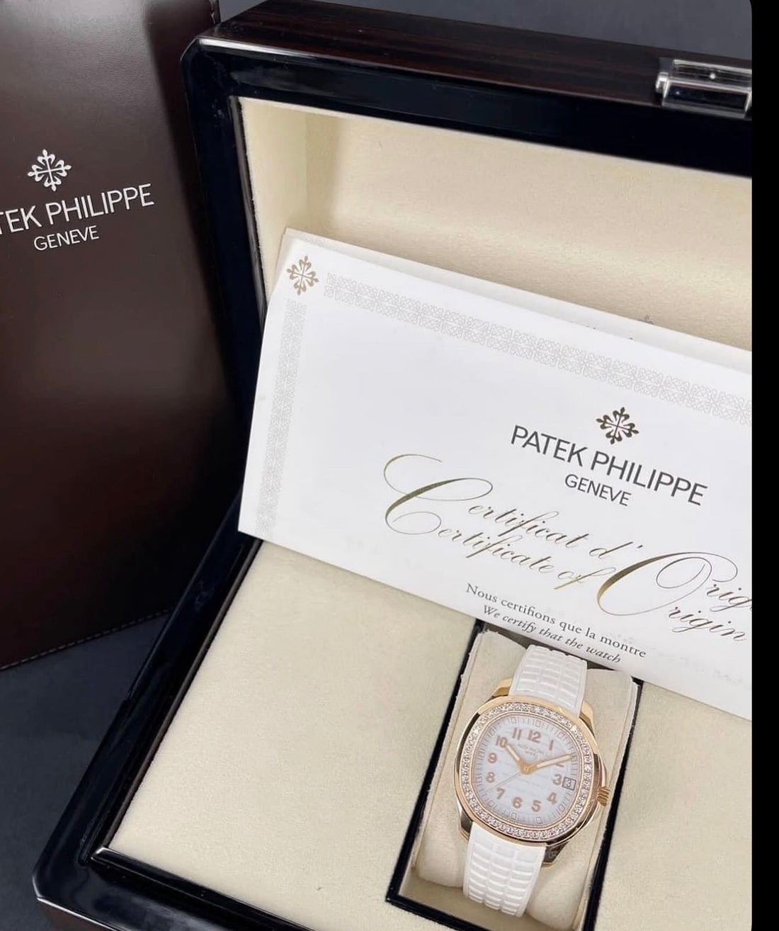 Patek Philippe Aquanaut Luce 5268/200R-001, rose gold, white dial, diamond bezel and white strap, display with box and certificate