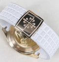 Patek Philippe Aquanaut Luce 5268/200R-001, rose gold, white dial and strap, rear view of deployant clasp and sapphire caseback