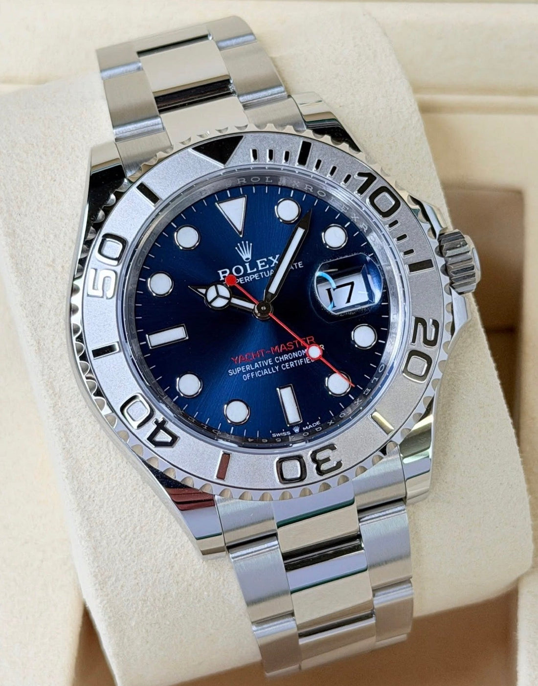 Rolex Yacht-Master 40 ref. 126622 with blue dial, platinum bezel and Oyster bracelet, right three-quarter front view