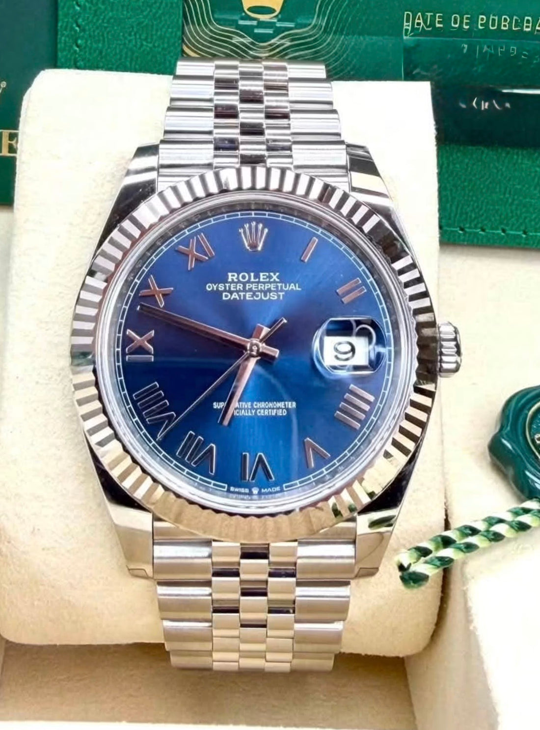 Rolex Datejust 41 bright blue Roman dial on Jubilee bracelet, reference 126334 — front view with box