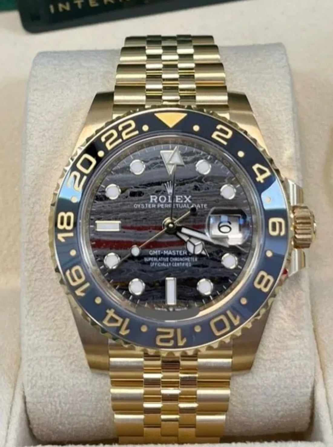 Rolex GMT-Master II 126718GRNR Tiger Iron dial on yellow-gold Jubilee bracelet, front view