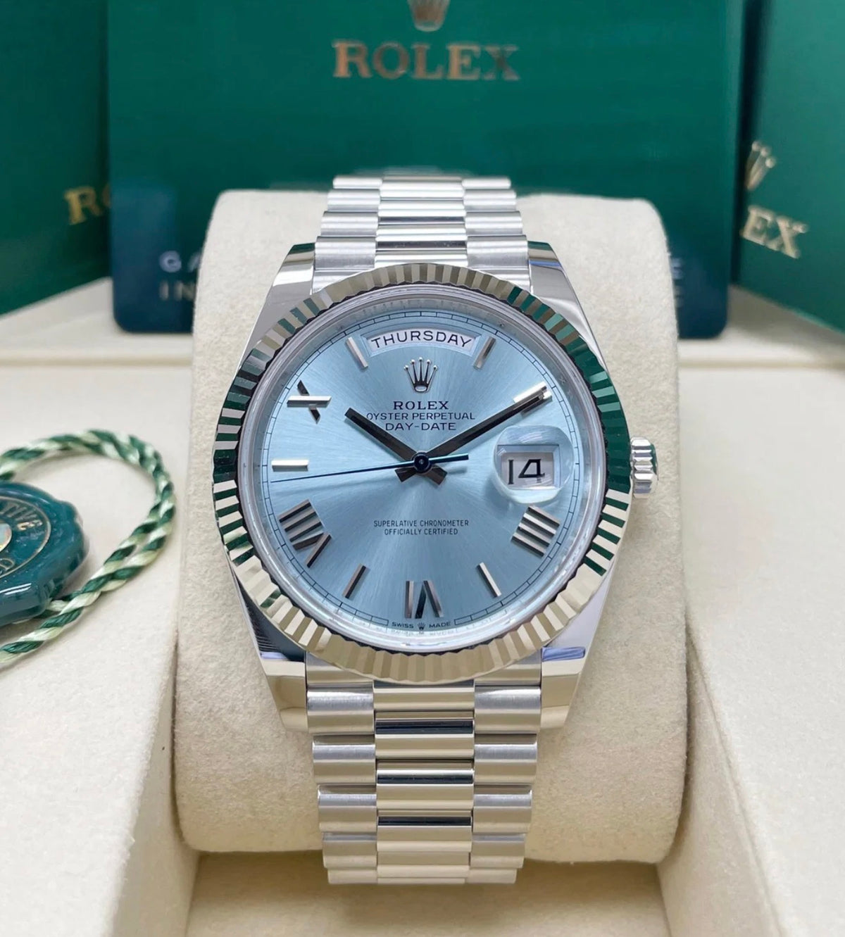 Rolex Day-Date 40 228236 ice-blue Roman dial with presentation box and hangtag