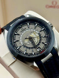 Close angled view of the Omega Aqua Terra Worldtimer black-and-grey worldtimer dial