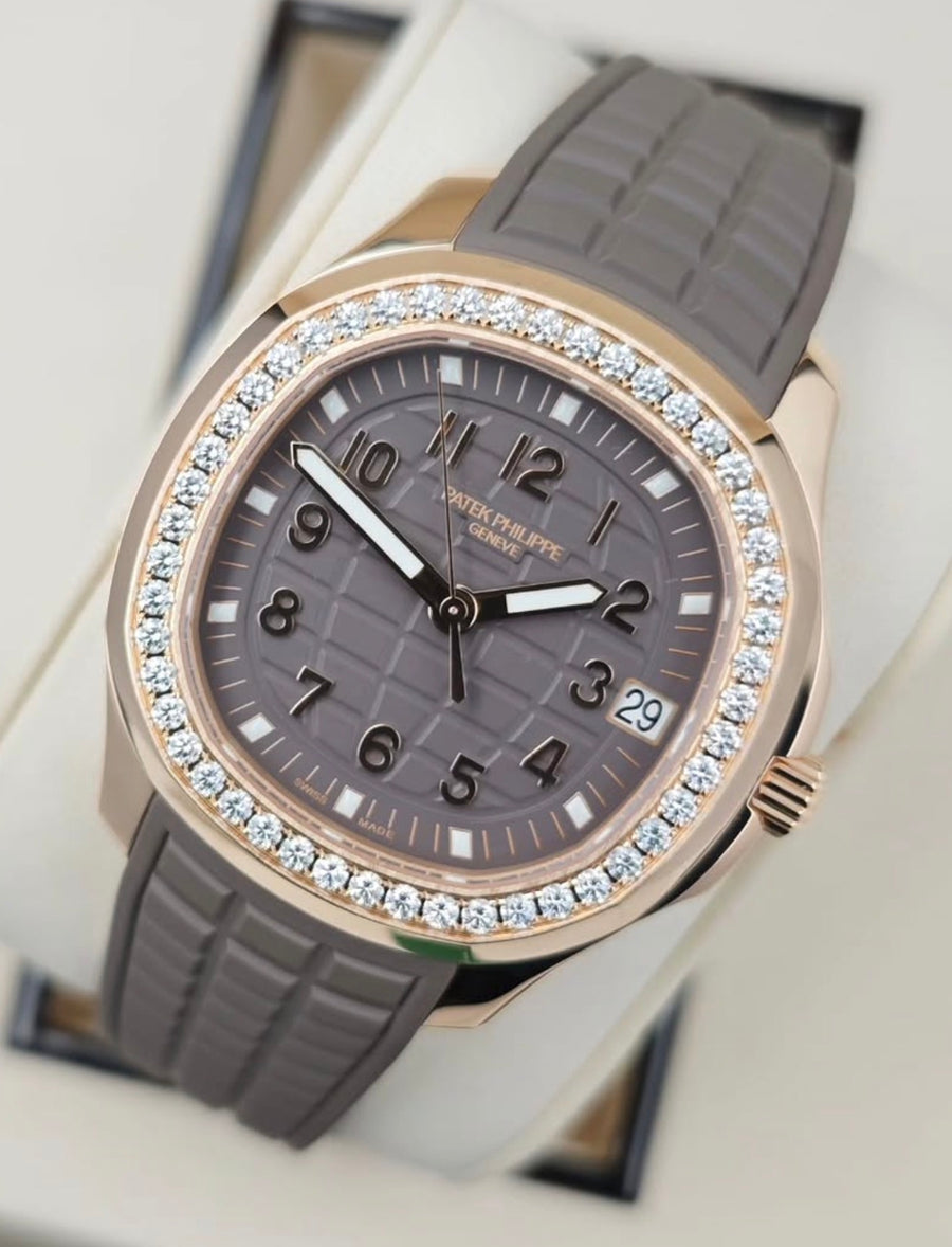 Patek Philippe Aquanaut Luce 5268/200R-010 in rose gold with brown dial, diamond bezel and brown composite strap, angled front view