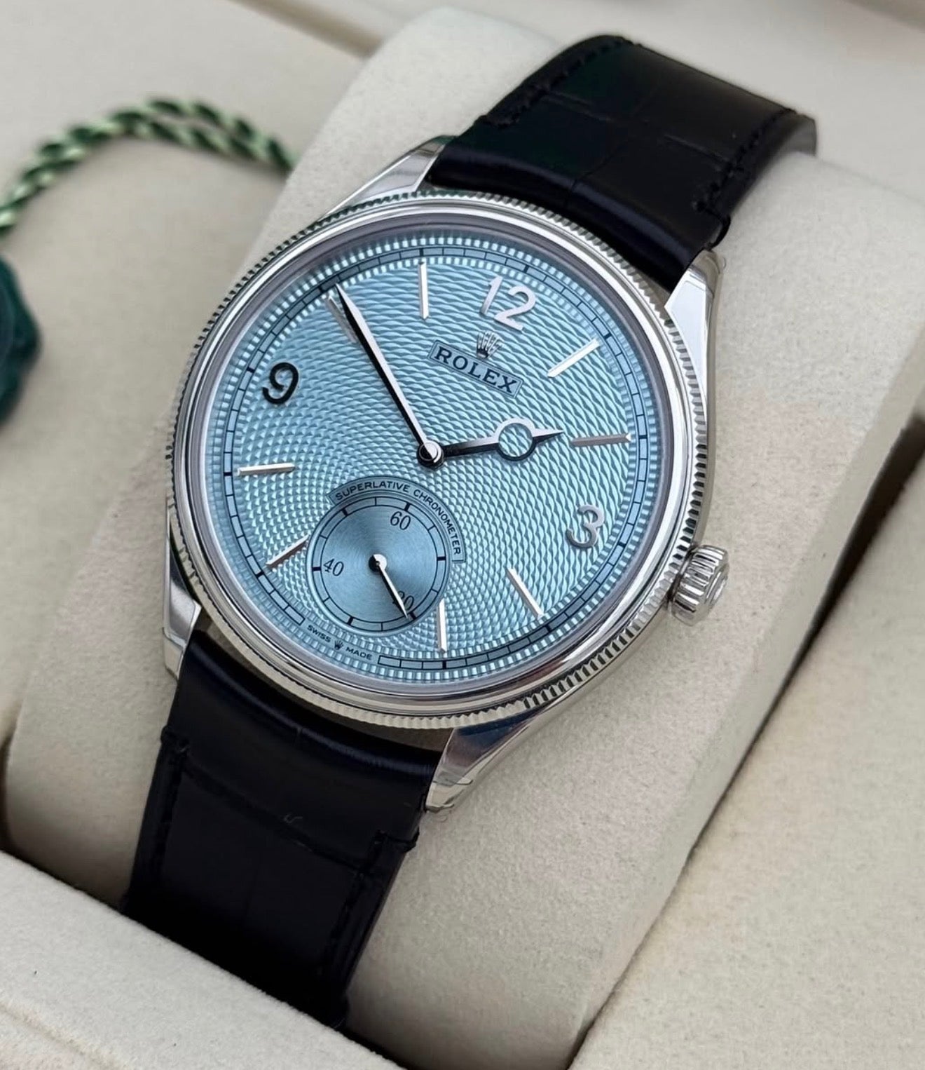 Rolex 52506 platinum with ice-blue dial, near straight-on front view