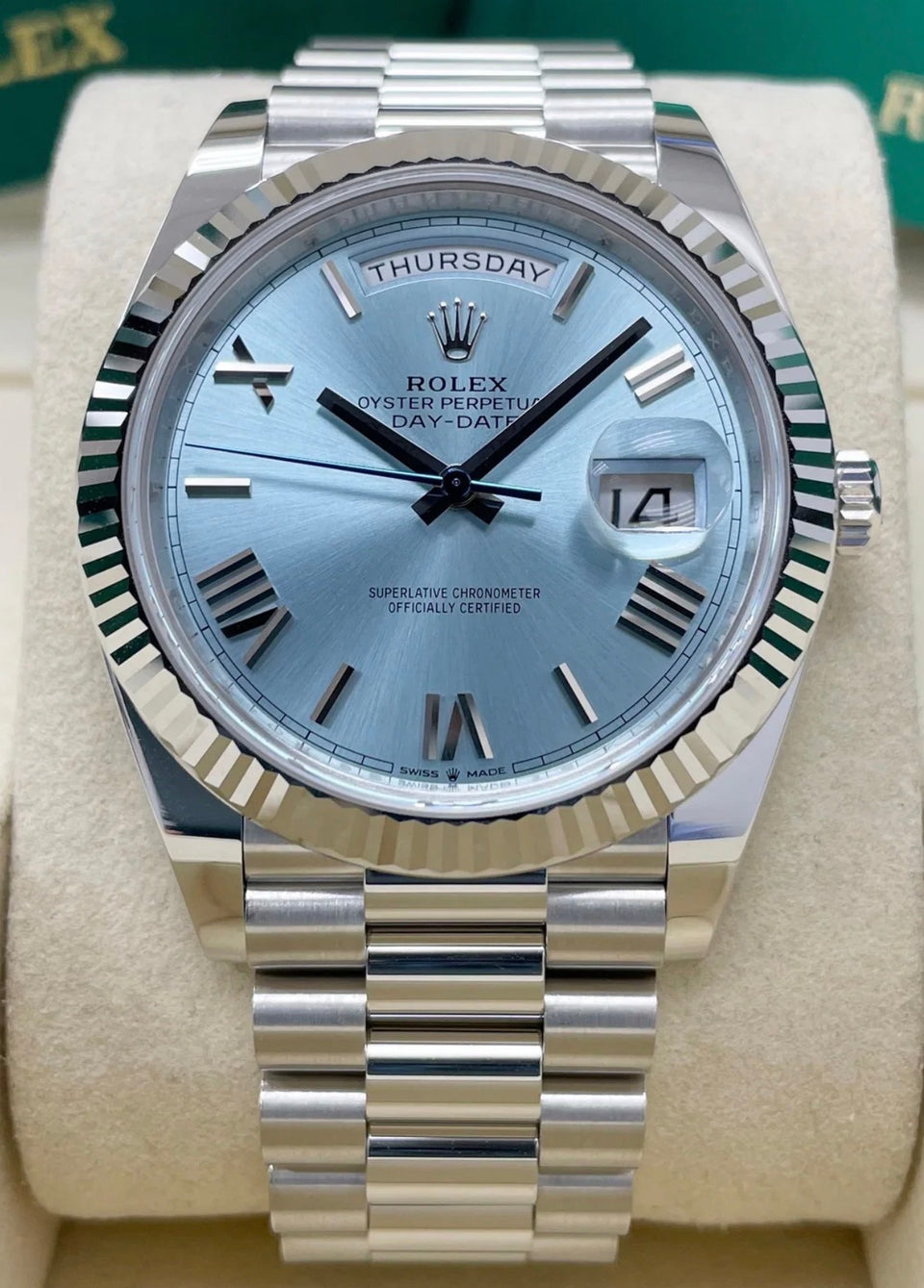 Rolex Day-Date 40 PLATINUM FLUTED BEZEL ICE BLUE ROMAN 228236 UNWORN 2026
