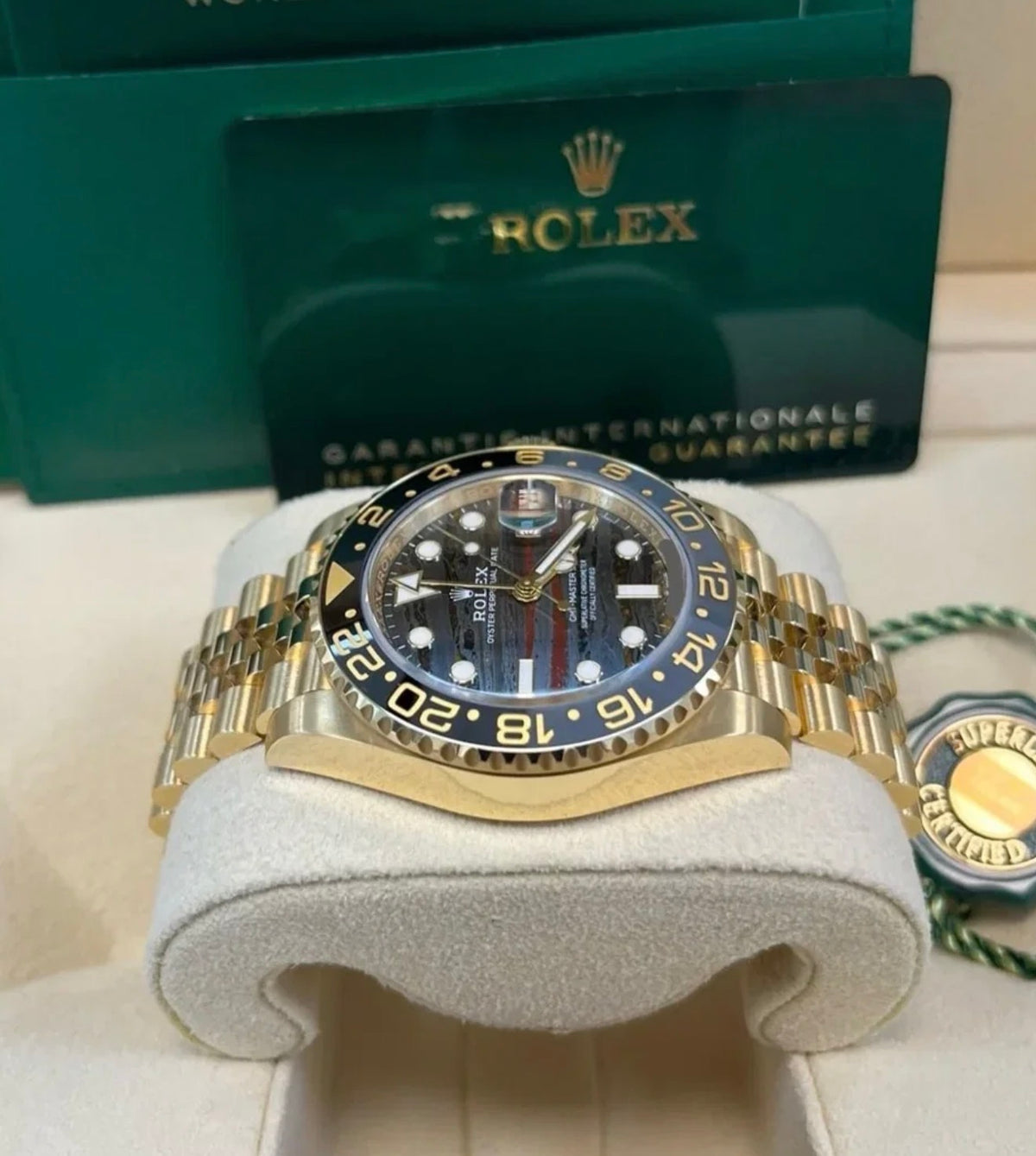 Rolex GMT-Master II 126718GRNR Tiger Iron dial on yellow-gold Jubilee bracelet with box and card