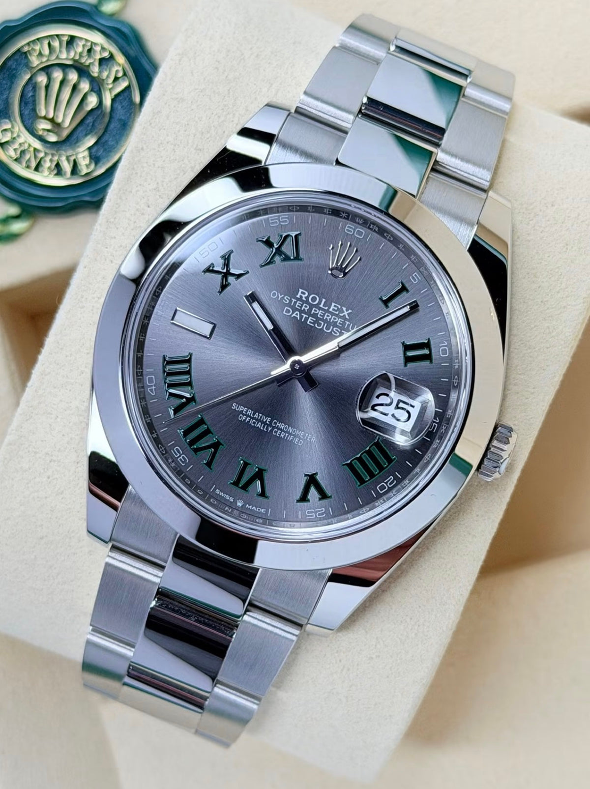 Rolex Datejust 41 Wimbledon Dial 126300, straight-on front view with Wimbledon dial and Oyster bracelet