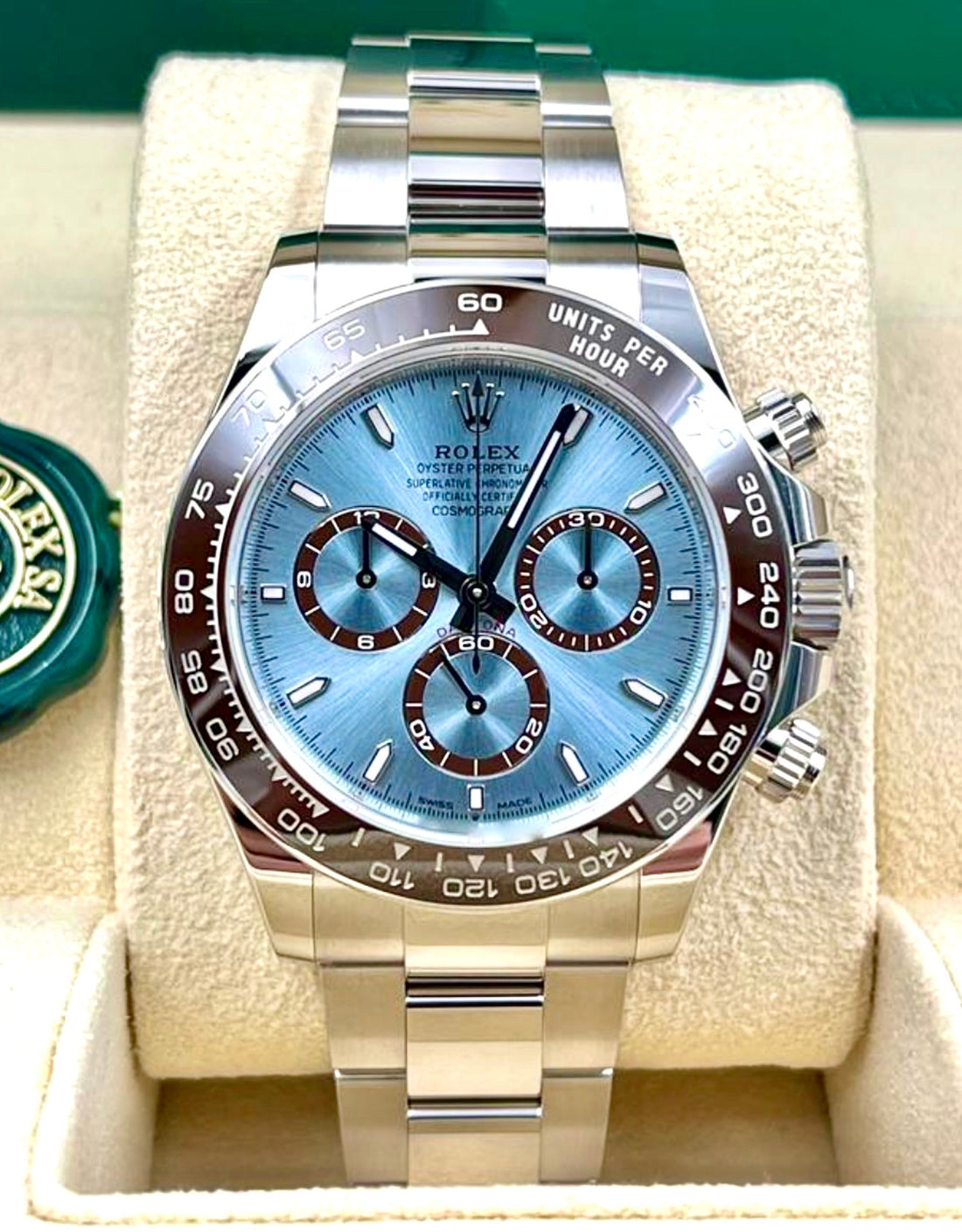 Rolex Cosmograph Daytona 126506 in platinum with ice-blue dial and chestnut-brown Cerachrom bezel, front view