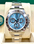Rolex Cosmograph Daytona 126506 in platinum with ice-blue dial and chestnut-brown Cerachrom bezel, front view