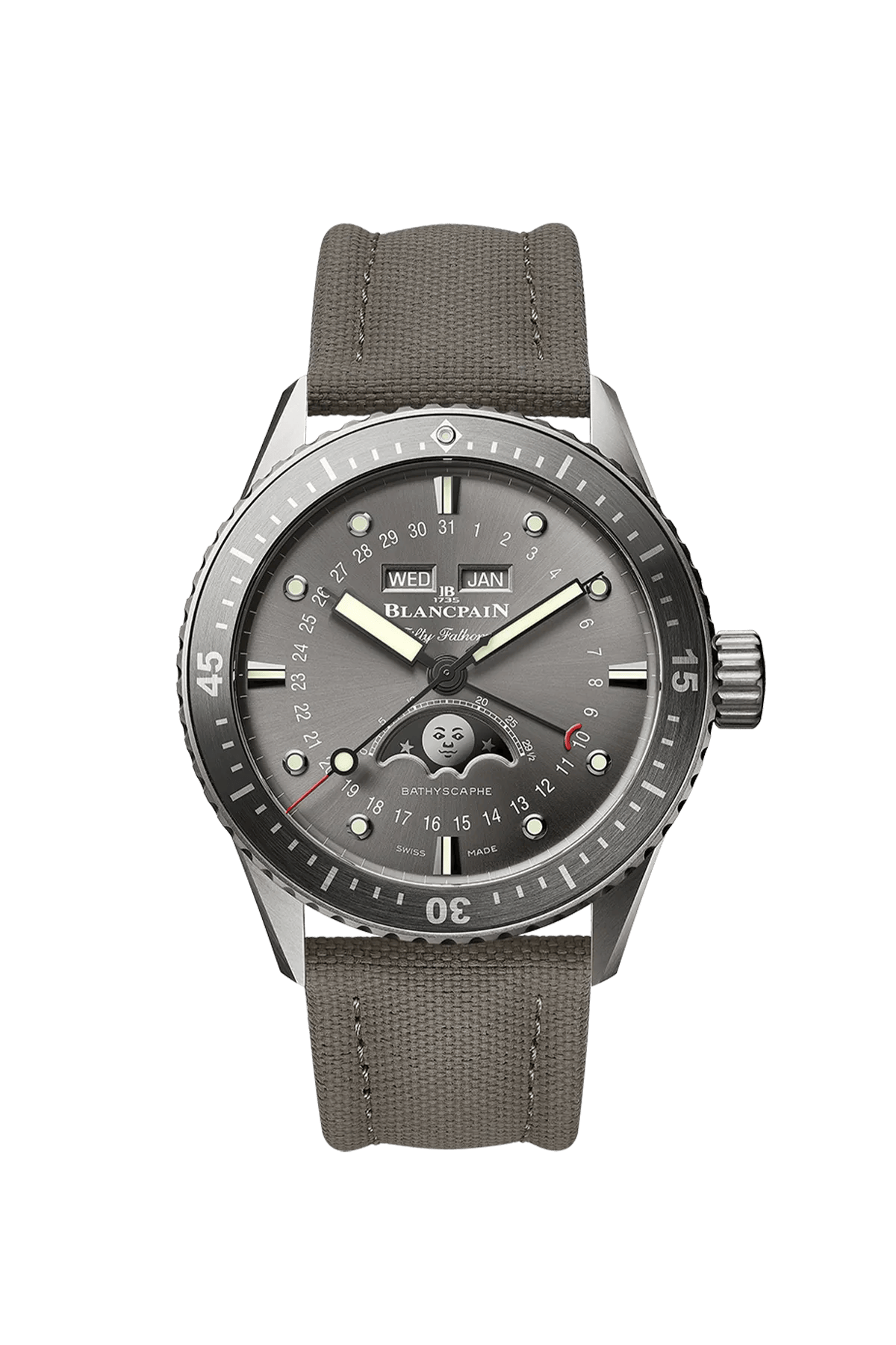 Blancpain Fifty Fathoms Bathyscaphe complete calendar grey dial reference 5054-1210-G52A front view