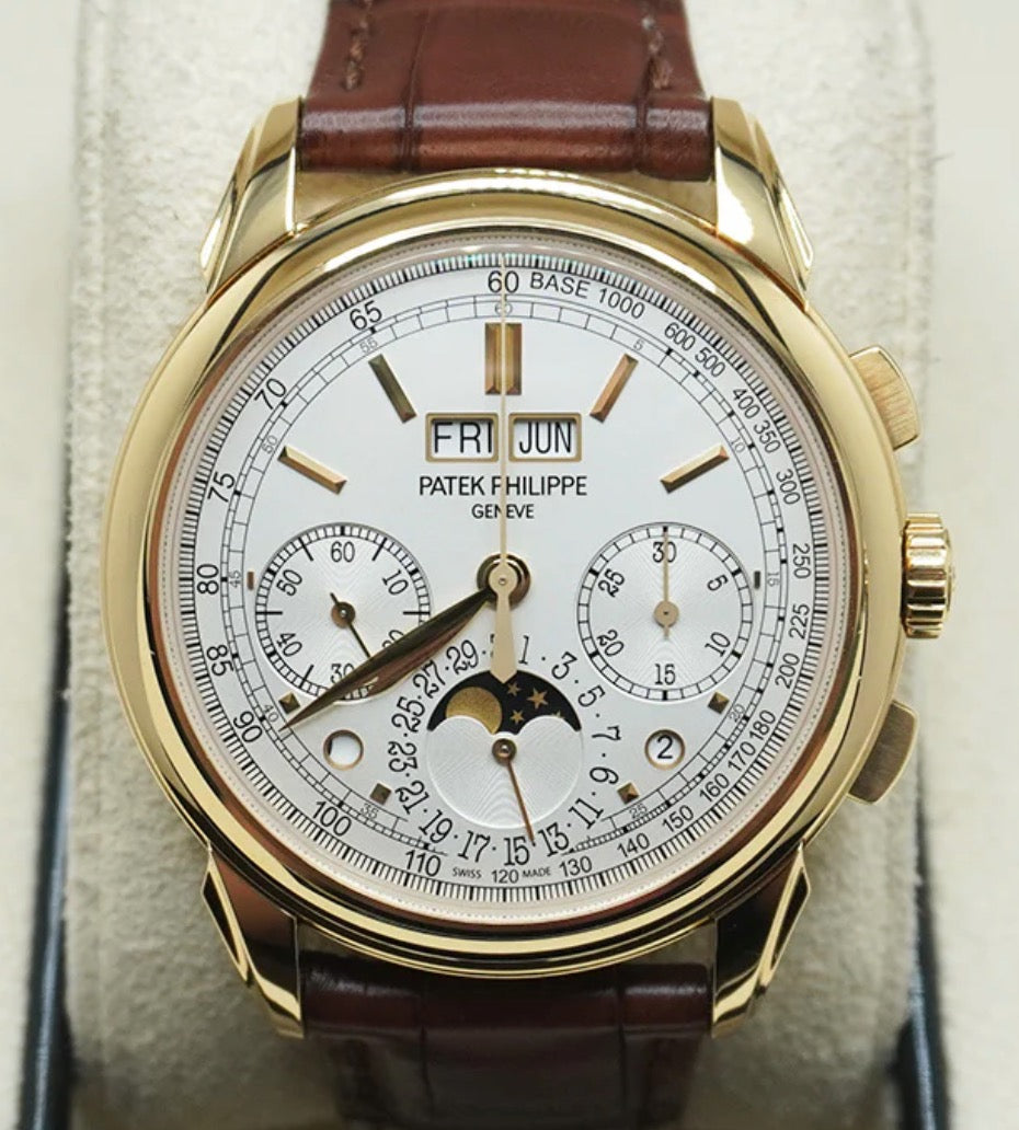 Patek Philippe Chronograph Perpetual Calendar 5270J in yellow gold with white dial and brown alligator strap, straight-on front view