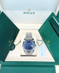 Rolex Datejust 41 Blue Diamond Dial Jubilee 126334, view inside an open Rolex presentation box with warranty card and accessories