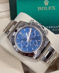 Rolex Cosmograph Daytona 126509 in white gold with bright blue dial and Oyster bracelet, three-quarter front view