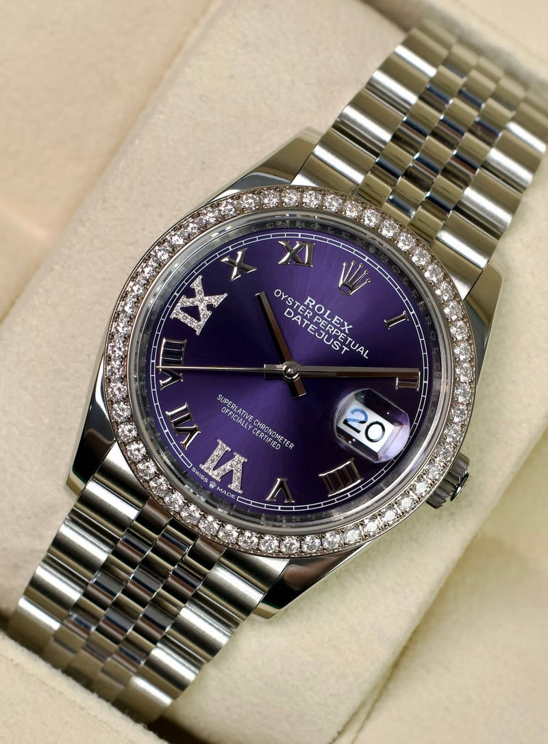 Rolex Datejust 126284RBR — purple Roman dial, diamond-set bezel and Jubilee bracelet, front view