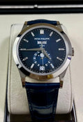 Patek Philippe Annual Calendar 5396G-017 in white gold with blue dial and blue alligator strap, straight-on front view in the presentation box