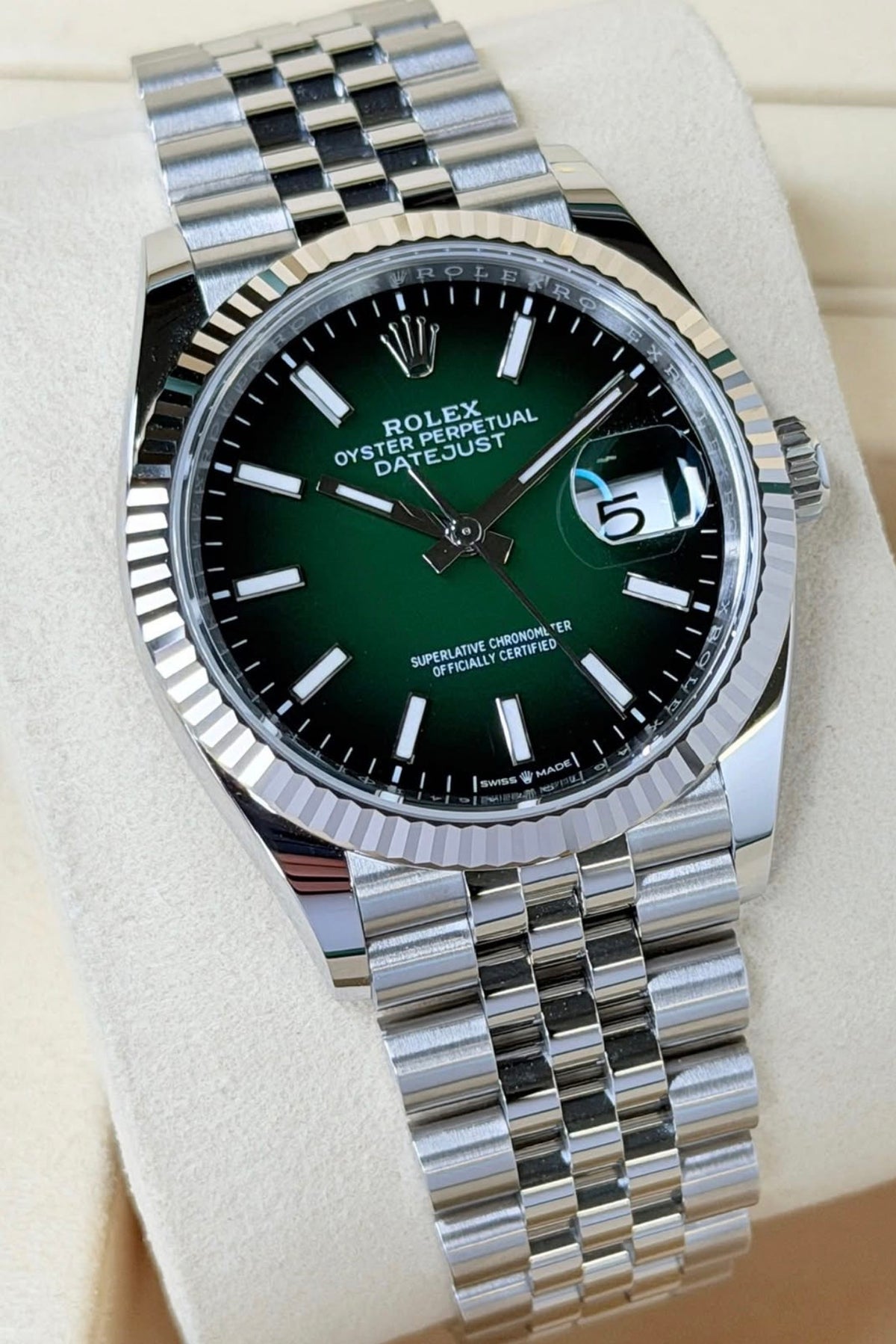 Rolex Datejust 36 126234 green ombré dial and Jubilee bracelet, angled front close-up