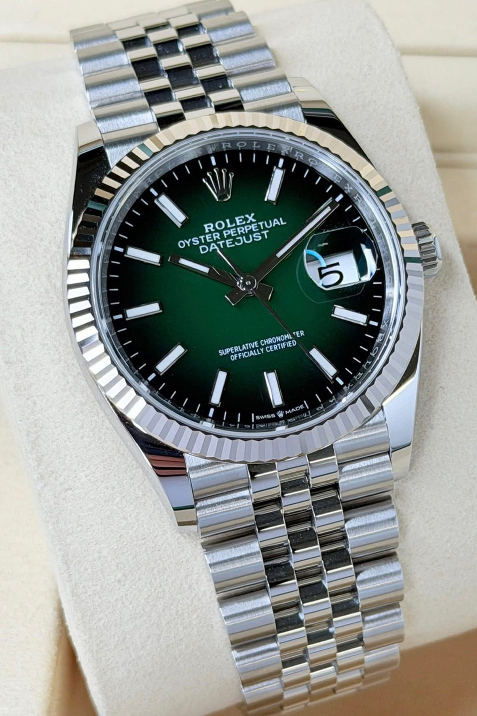 Rolex Datejust 36 126234 green ombré dial and Jubilee bracelet, angled front close-up