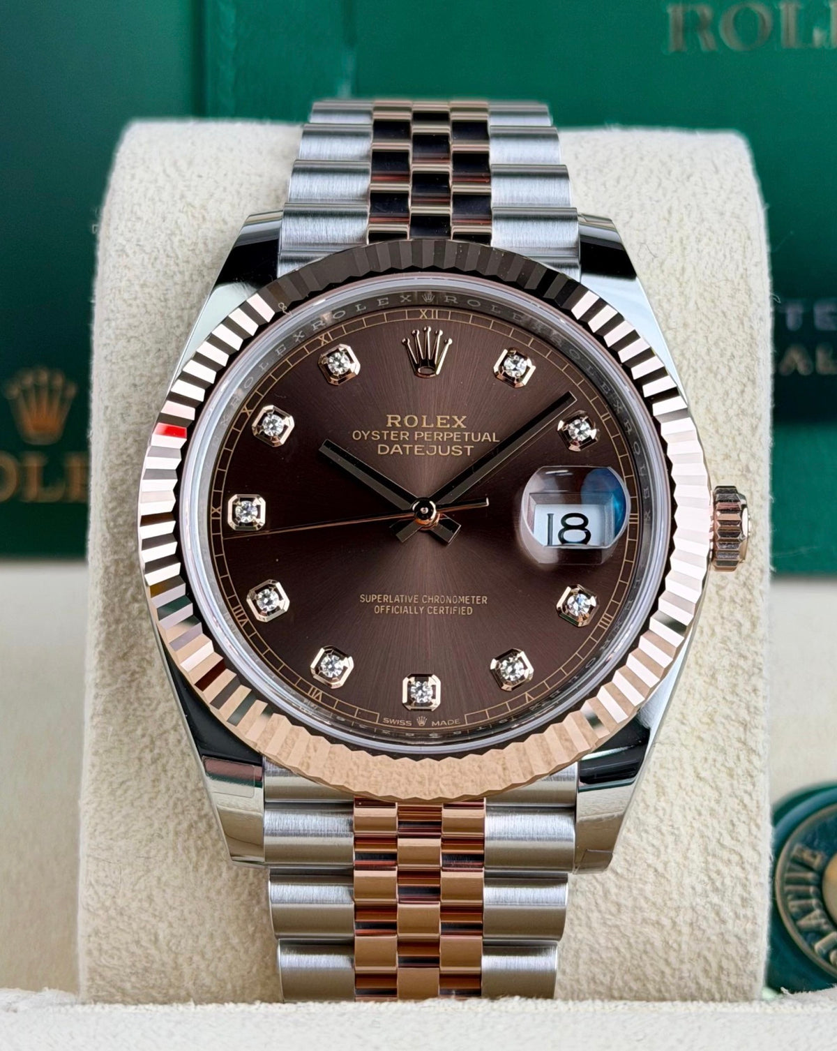 Rolex Datejust 41 Chocolate Diamond Dial 126331, straight-on front view with chocolate diamond dial and Jubilee bracelet