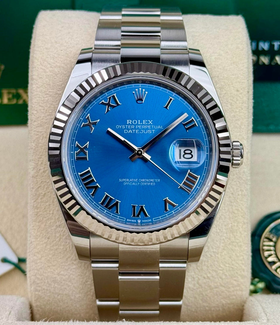 Rolex Datejust 41 Azzurro Blue Roman Dial Oyster 126334, straight-on front view with Azzurro blue Roman dial and Oyster bracelet