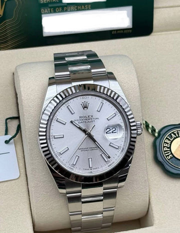 Rolex Steel and White Gold Rolesor Datejust 41 Watch - Fluted Bezel - Silver Index Dial - Oyster Bracelet - 126334 sio