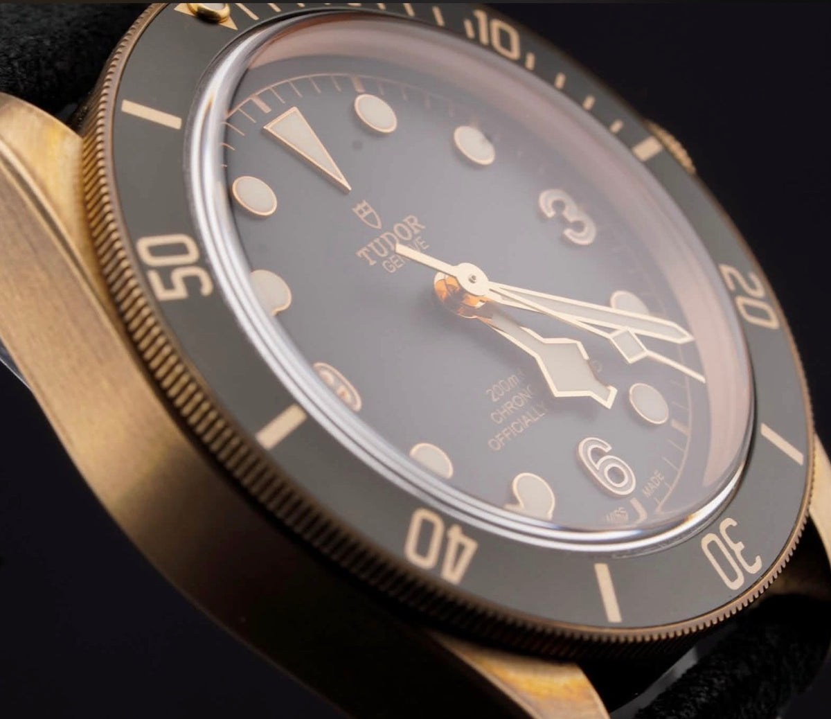 Tudor Black Bay Bronze M79250BA-0001, slate-gray dial and bezel with black nubuck strap, angled dial and bezel view