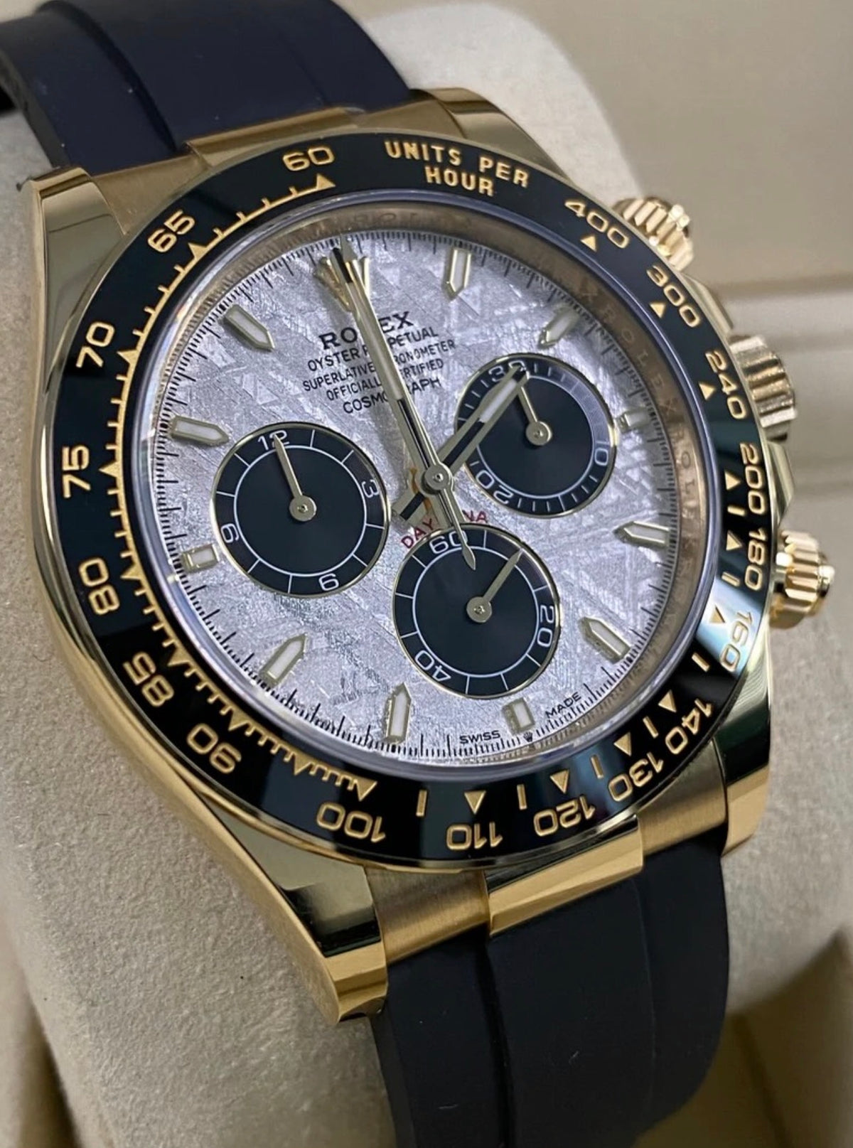 Rolex Cosmograph Daytona 126518LN meteorite dial, black counters and Oysterflex bracelet, low three-quarter front view