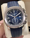 Patek Philippe Aquanaut Chronograph 5968G-001 blue dial, near-front view with blue strap