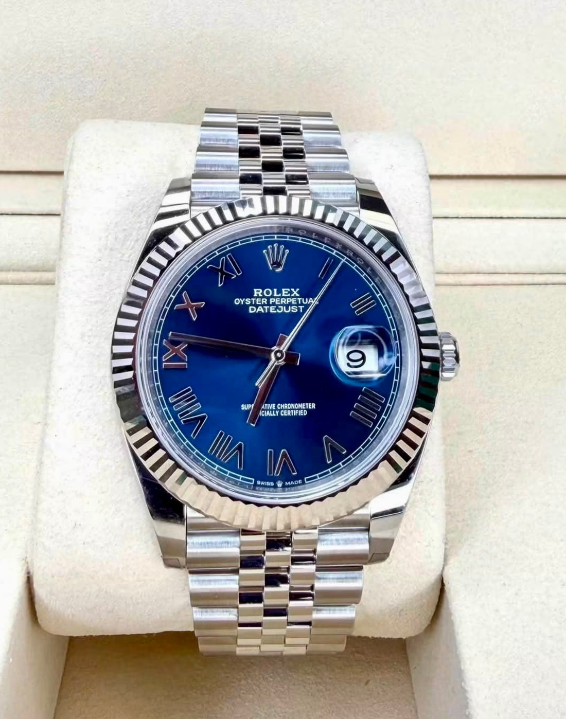 Rolex Datejust 41 bright blue Roman dial on Jubilee bracelet, reference 126334 — front view