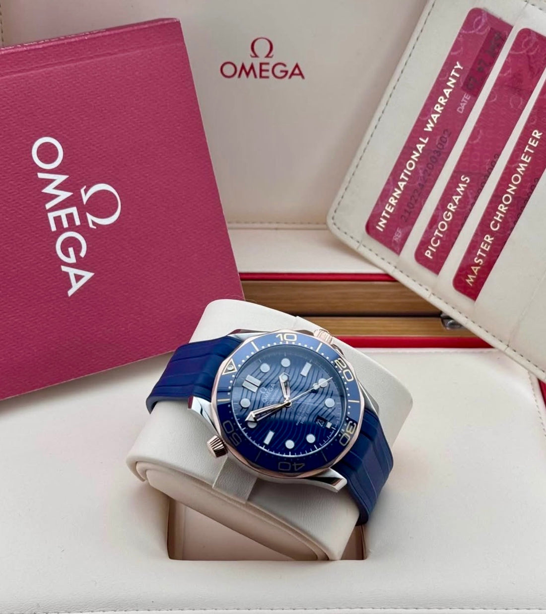OMEGA Seamaster Diver 300M 210.22.42.20.03.002 — watch in presentation box with Omega booklet and cards