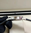 Patek Philippe Annual Calendar 5396G-017 in white gold with blue dial and blue alligator strap, crown-side case profile