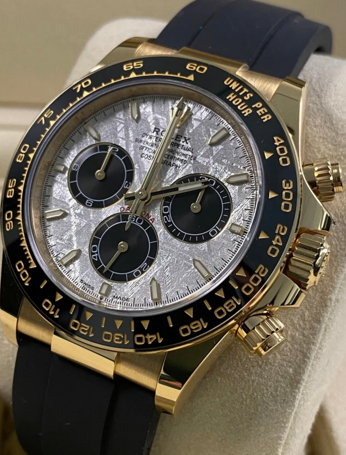 Rolex Cosmograph Daytona 126518LN meteorite dial and black Cerachrom bezel, crown-side three-quarter view