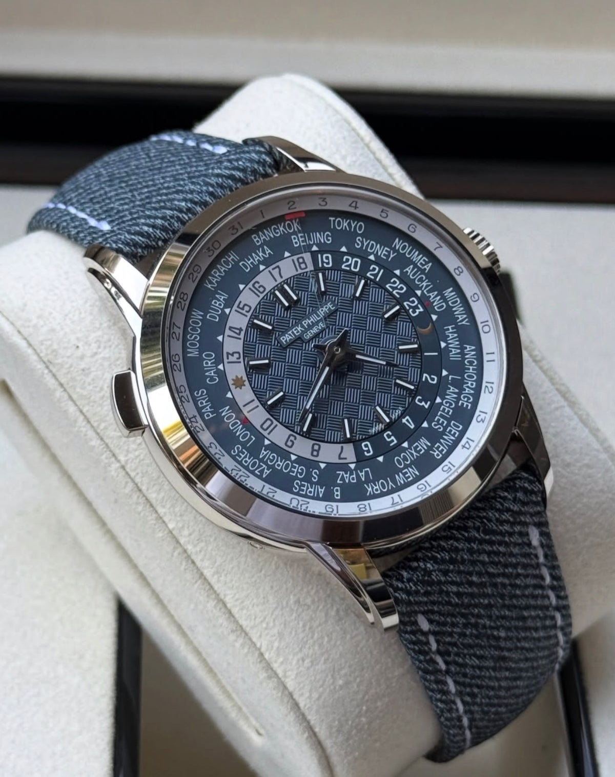 Patek Philippe Complications World Time Date reference 5330G-001 with blue-gray dial and white-gold case