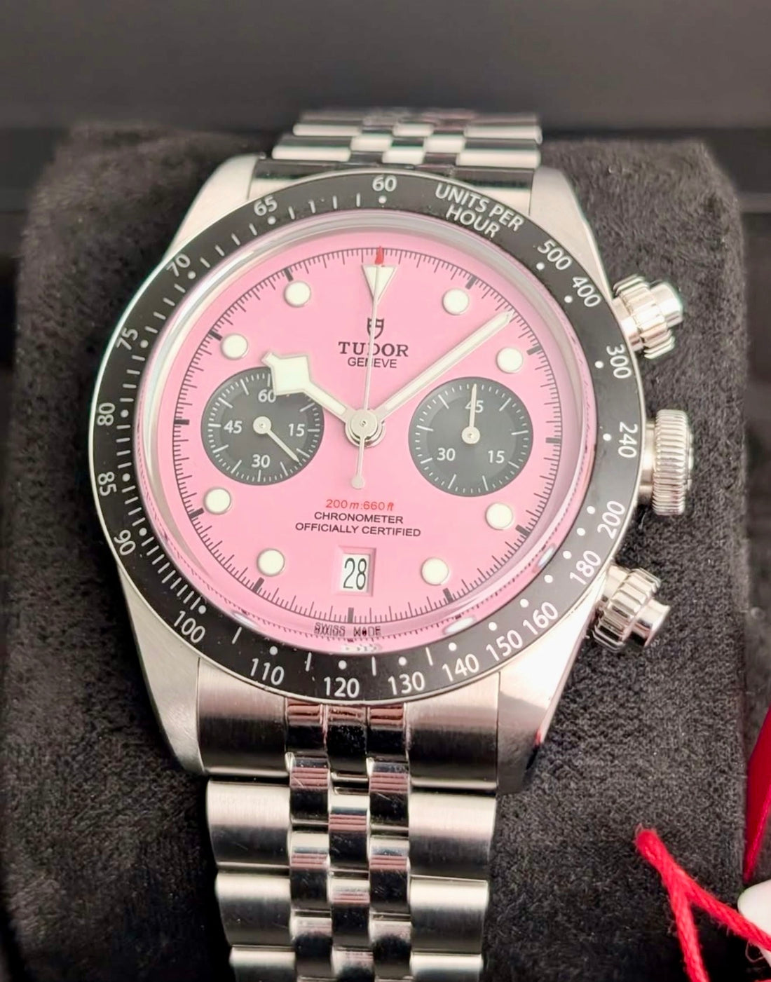 Tudor Black Bay Chrono Pink M79360N-0019 straight-on dial and black tachymeter bezel