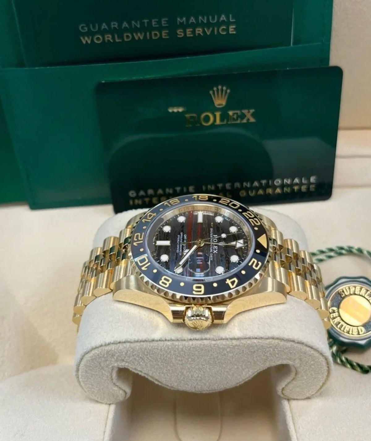 Rolex GMT-Master II 126718GRNR Tiger Iron dial on yellow-gold Jubilee bracelet with card and hangtag