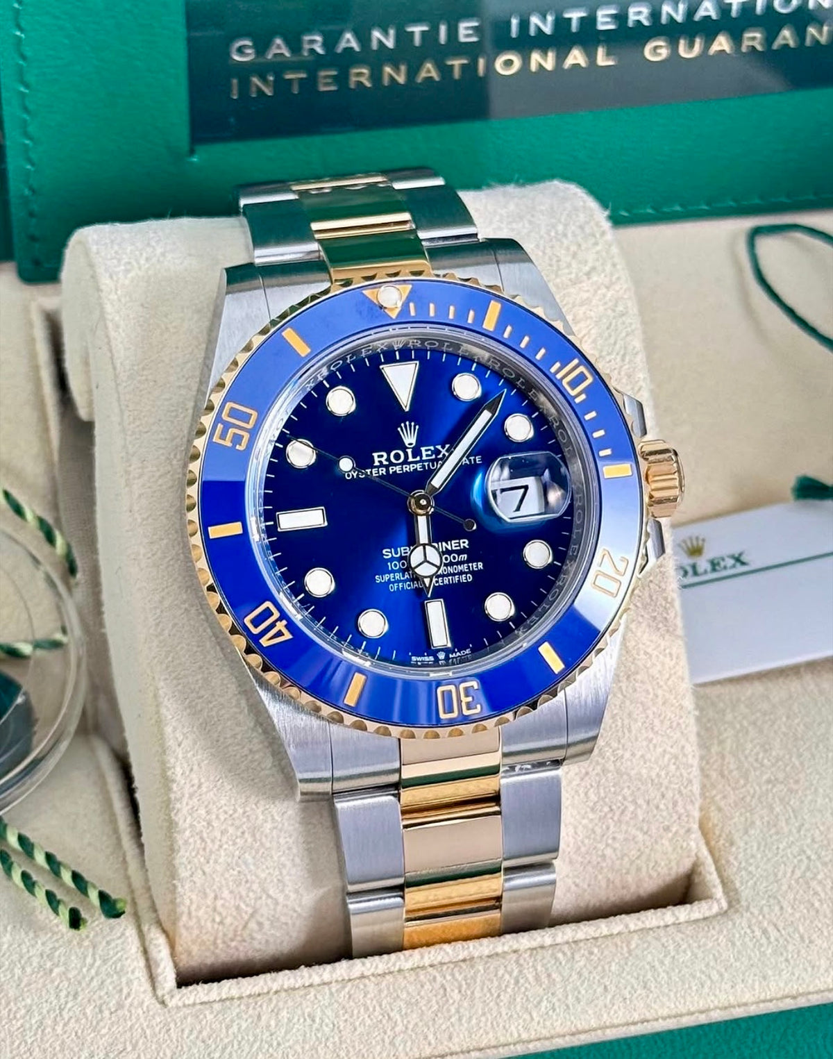Rolex Submariner Date 126613LB blue dial, front view in box with papers