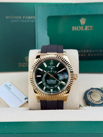 Rolex Sky-Dweller Yellow Gold 42mm Bright Green Dial Fluted Bezel Oysterflex Bracelet - 336238 -UNWORN 2026