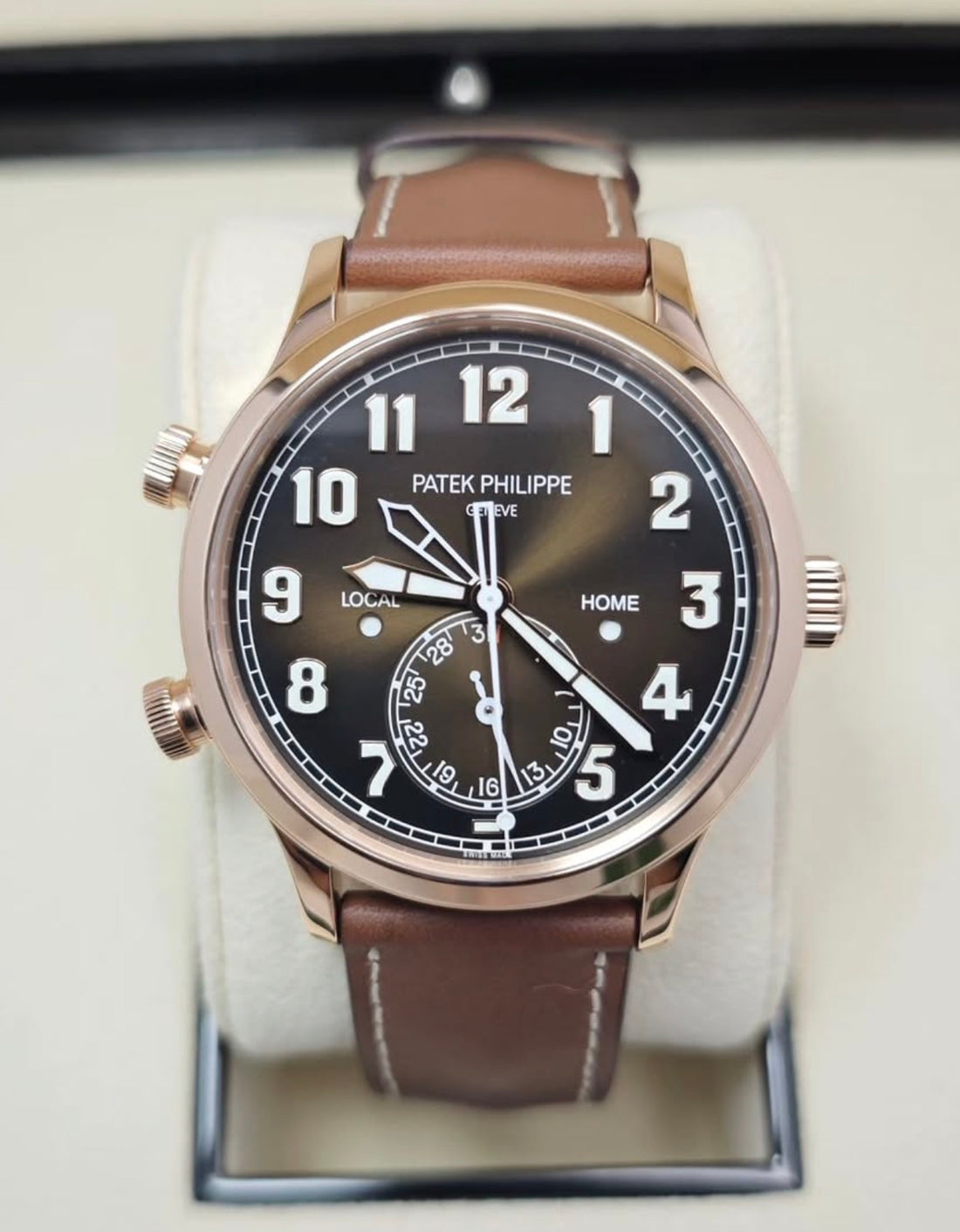 Patek Philippe Calatrava Pilot Travel Time 5524R-001 front view with brown dial and strap
