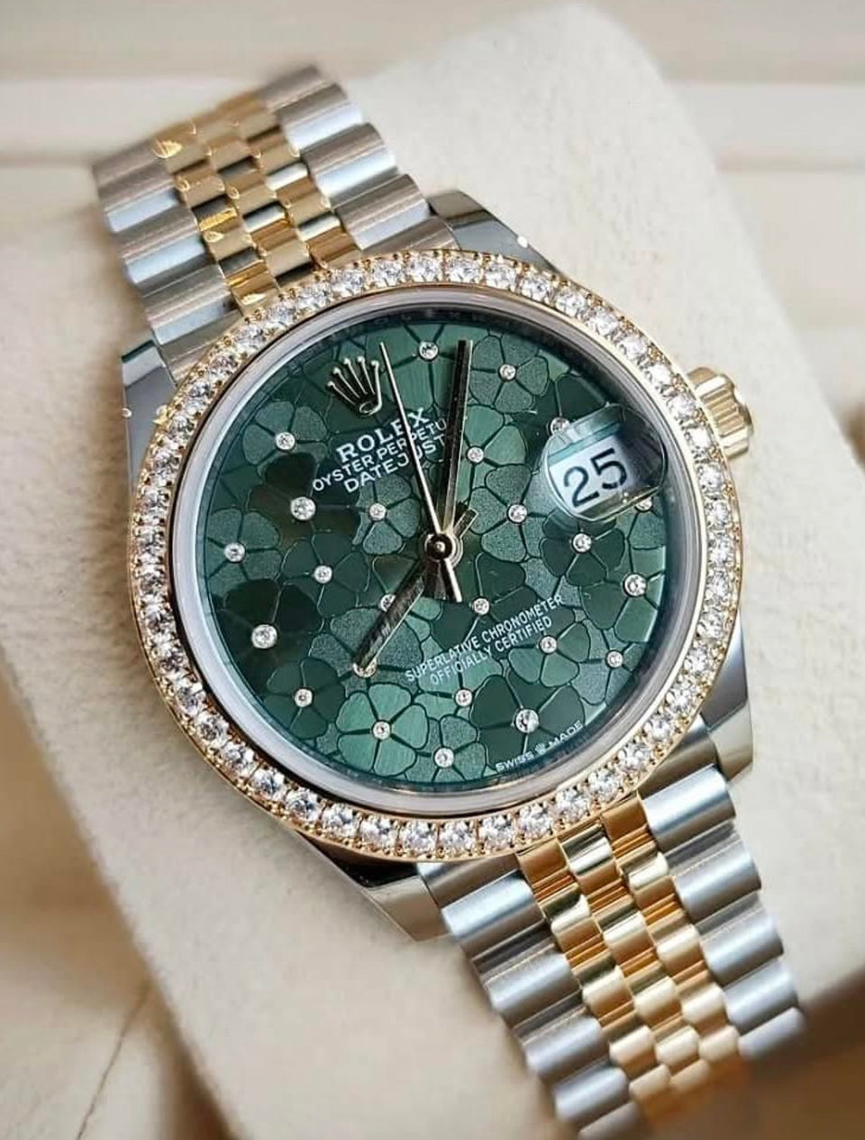 Rolex Datejust 31 278383RBR green floral diamond dial and diamond bezel, angled front close-up