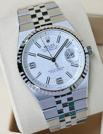Rolex Land-Dweller 36 White Gold Oystersteel Intense White Honeycomb Motif Dial Fluted Bezel Flat Jubilee Bracelet 127234 - UNWORN 2026
