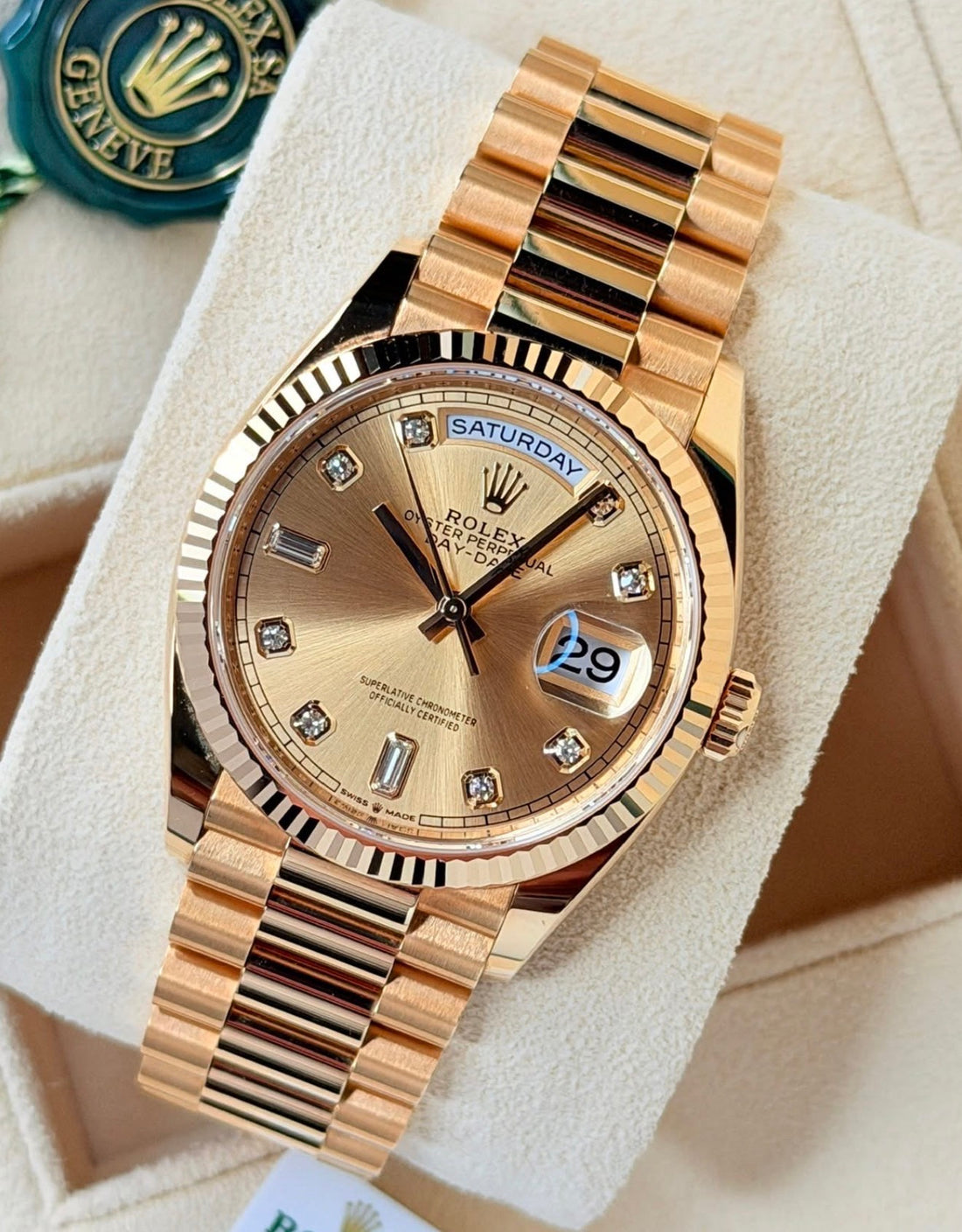 Rolex Day-Date 36 128238, champagne diamond dial, yellow gold President bracelet, right three-quarter front view