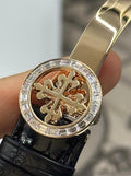 Patek Philippe Celestial 6104R-001 in rose gold with celestial dial, diamond bezel and black alligator strap, rear view of the diamond-set deployant clasp